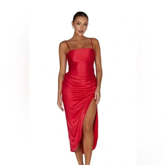 meshki red satin dress Esme Plunge Satin Maxi Dress / Red | MESHKI
